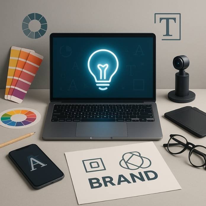 Laptop workspace showing branding elements like color palettes and logo concepts for ethical Muslim brand design.