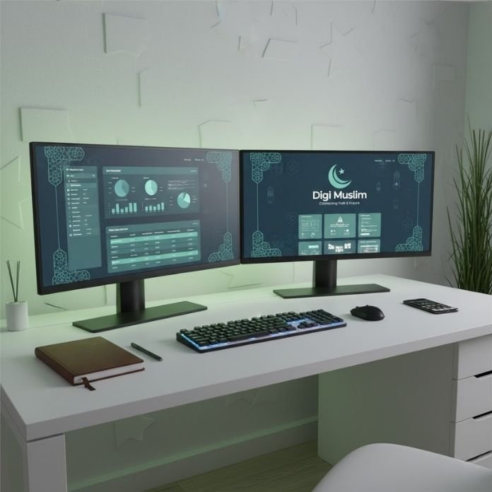 Workspace setup showing Digi Muslim dashboard on dual monitors for digital marketing services.