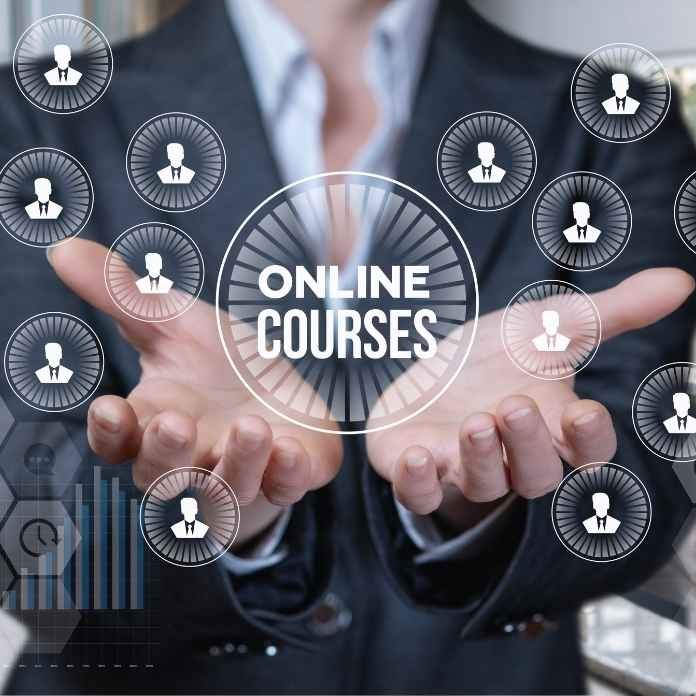 Course setup concept with digital online learning icons over open hands, representing Digi Muslim’s online course setup services.