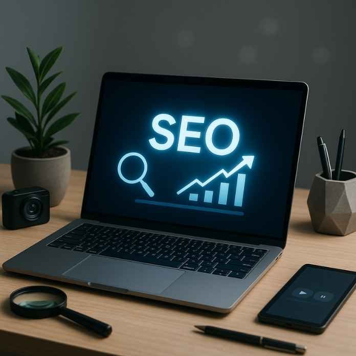 SEO dashboard displayed on laptop for Digi Muslim’s service page.