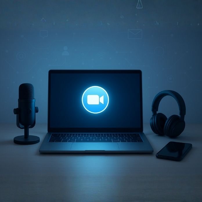 Webcam and laptop with Zoom logo used for Digi Muslim’s halal Zoom support, Zoom setup, and technical support services.