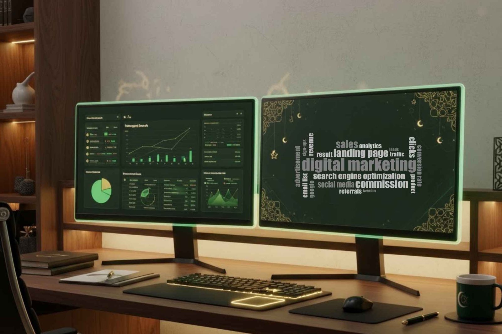 Dual monitors showing Digi Muslim dashboard and keyword cloud for digital marketing services.