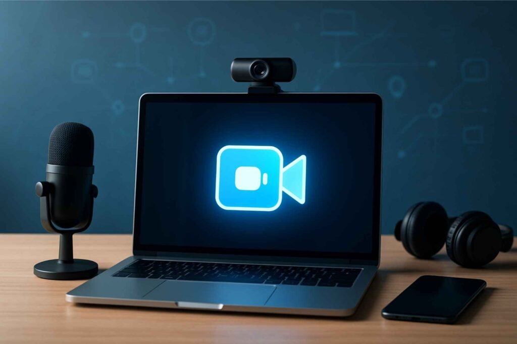 Zoom icon displayed on laptop with webcam, symbolizing Zoom app services and technical support by Digi Muslim.