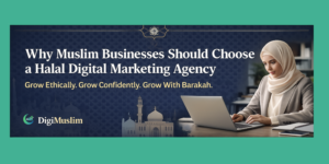 Muslim entrepreneur working on laptop with Islamic geometric design representing a halal digital marketing agency