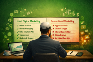 Back-view illustration of a Muslim entrepreneur comparing halal digital marketing and conventional marketing on a green Islamic-themed background.