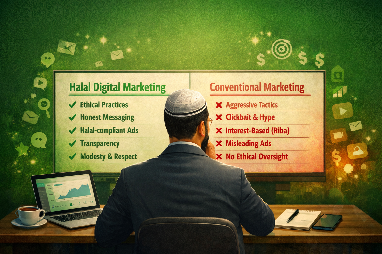 Back-view illustration of a Muslim entrepreneur comparing halal digital marketing and conventional marketing on a green Islamic-themed background.